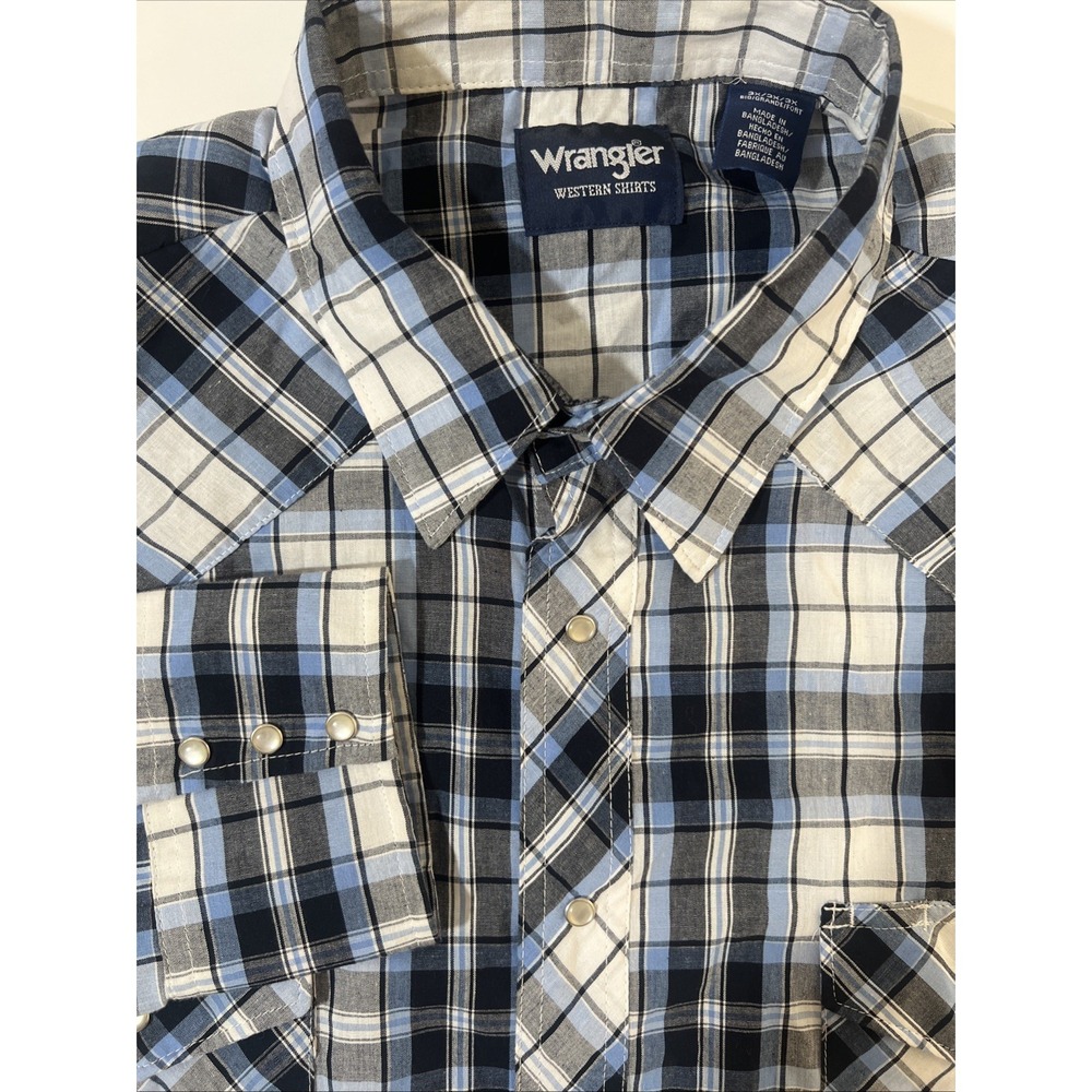 Wrangler Shirt Mens 3XL Blue White  Plaid Flannel Pearl‎ Snap Western Wrancher